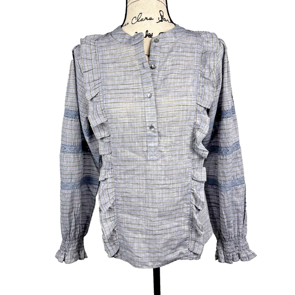 FRNCH Paris Blouse Jada Stripe Ruffled Metallic Medium Cottagecore Peasant Blue - Picture 14 of 15